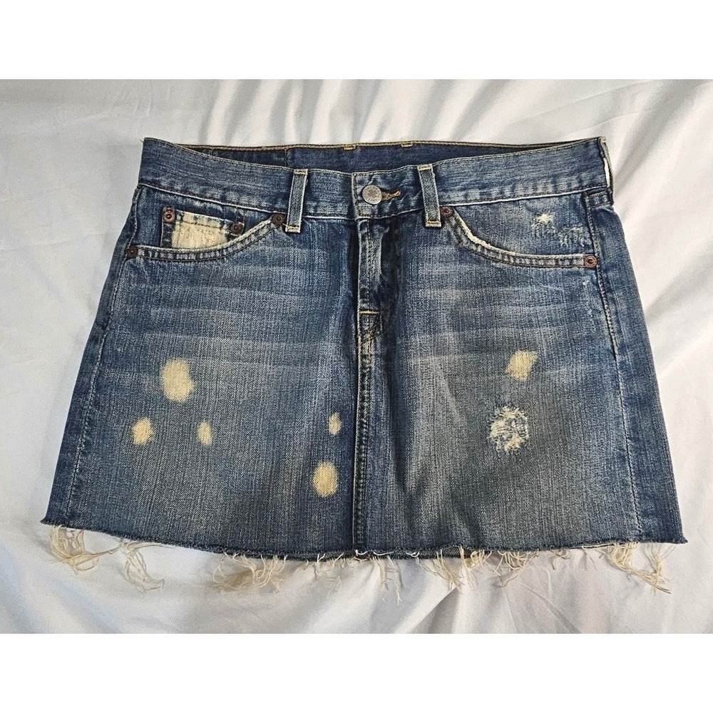Lucky Brand Dungarees Denim Mini Skirt Distressed Raw Hem Size 2 26 F5BV051 Blue